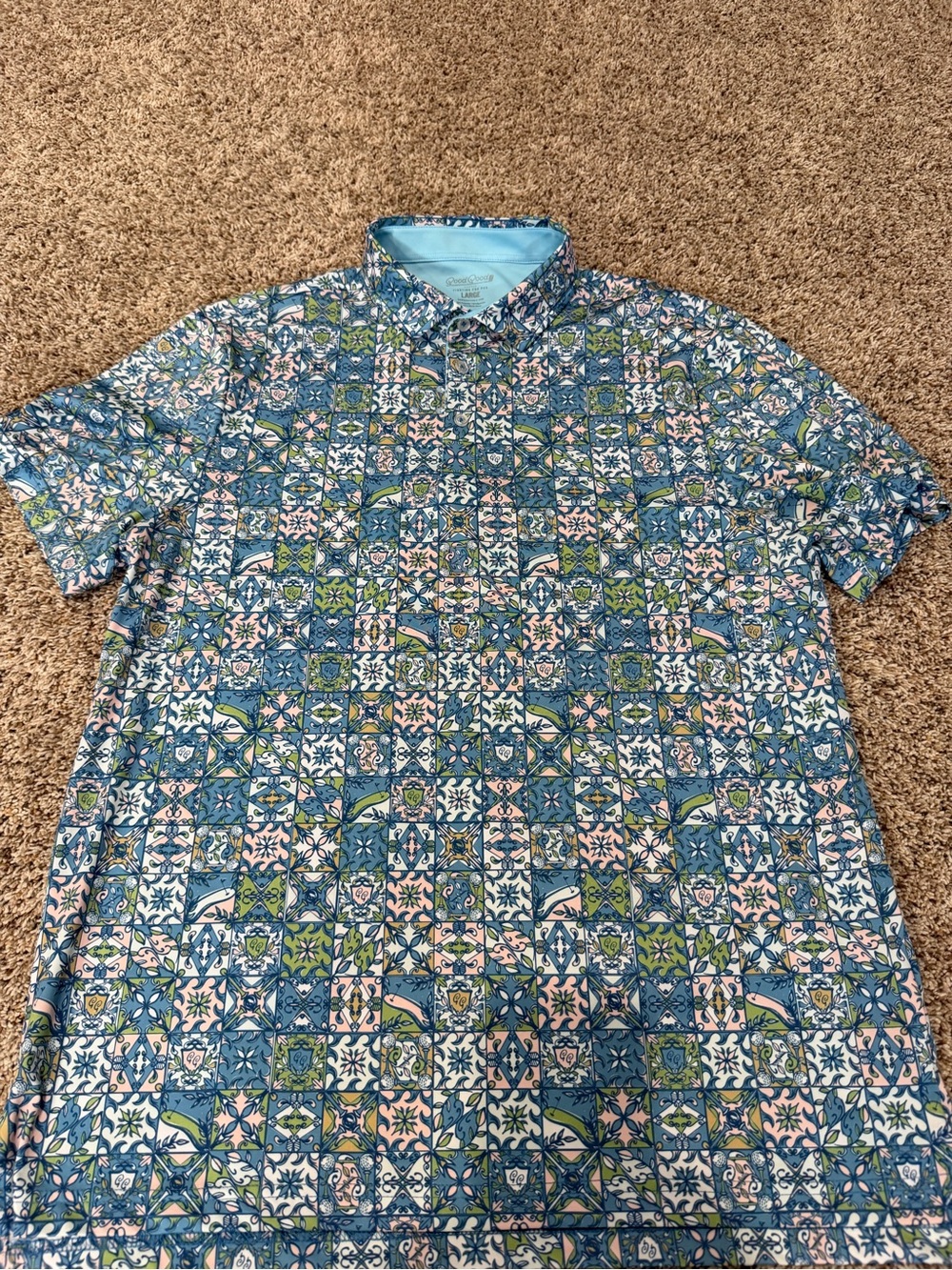 Good Good Golf Men's Green & Blue Printed Short-Sleeve Polo Shirt Size Large